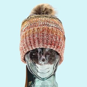Frye Hat Beanie Red Multi Marled Cuffed Knit Faux Fur Pom Pom Cottagecore Fall